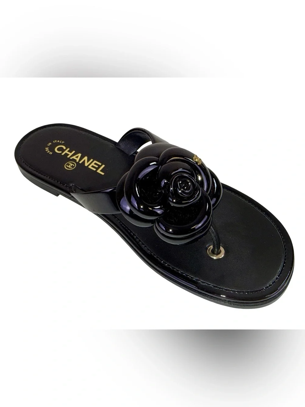 CHANEL BLACK CAMELLIA THONG JELLY SANDALS